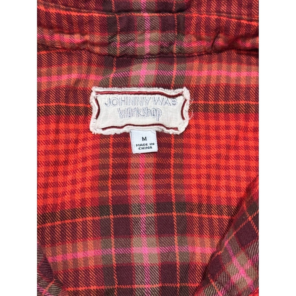 Johnny Was Workshop Red Plaid Embroidered Velvet Yoke Western Snap Shirt Medium - Picture 3 of 7